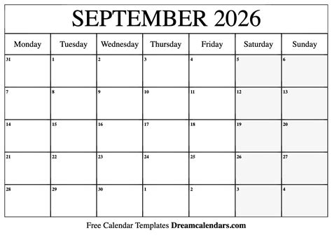 September 2026 Calendar - Free Printable with Holidays and Observances