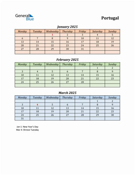 Q1 2025 Monday Start Quarterly Calendar with Portugal Holidays