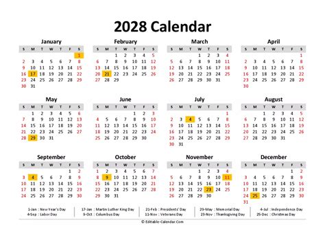 Download Free Printable Calendar 2028 With Us Holidays, weeks start on ...
