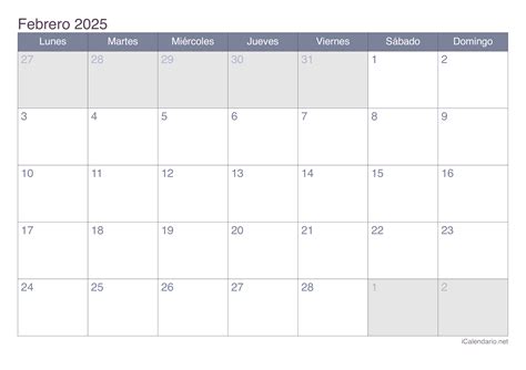 Calendario febrero de 2025 para imprimir