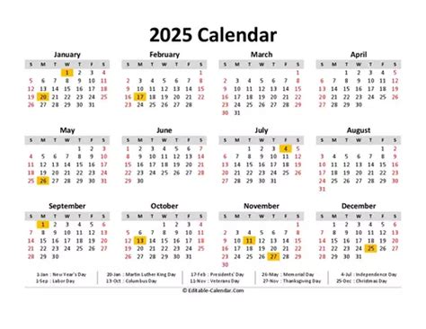 2025 Calendar with US holidays, Editable in Excel, Word, PDF