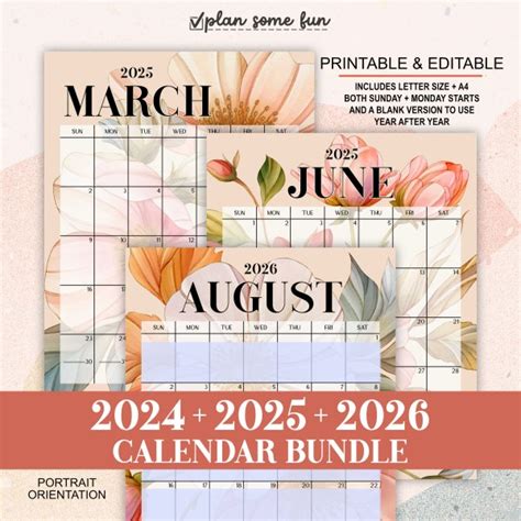 2024 2025 2026 Calendar Bundle | Dated and Undated Printable - Etsy