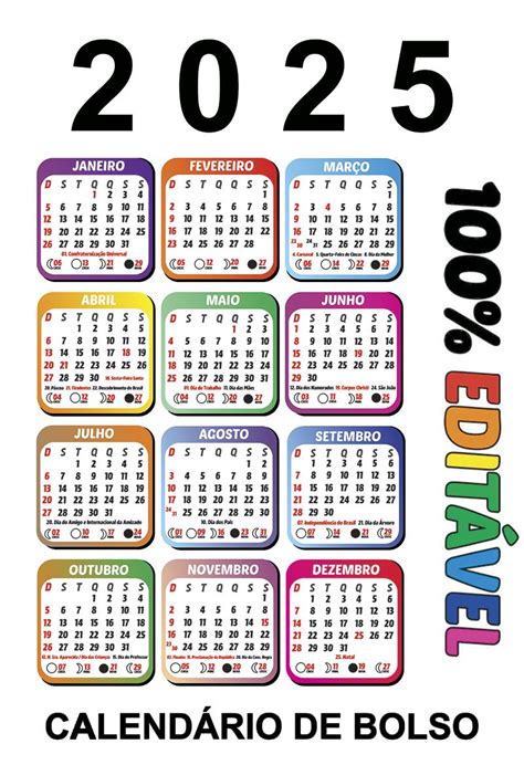 Calendário 2025 de Bolso Colorido para Imprimir Vetor - CalendárioLegal