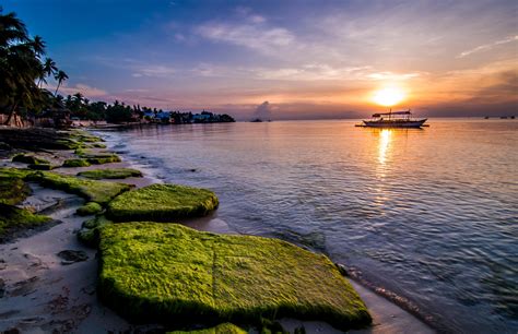 Philippines, Scenery, Sunrises and sunsets, Coast, Stones, Sea, Moss ...