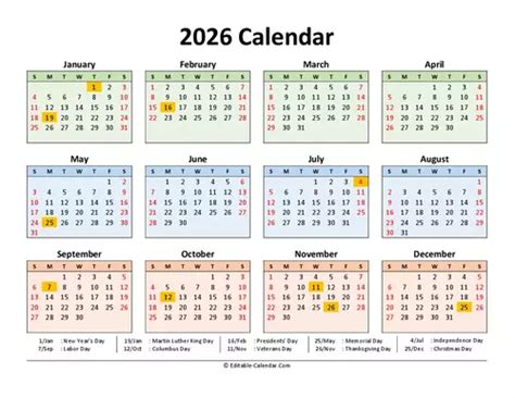 Download 2026 Calendar Printable With Us Holidays, weeks start on Sunday