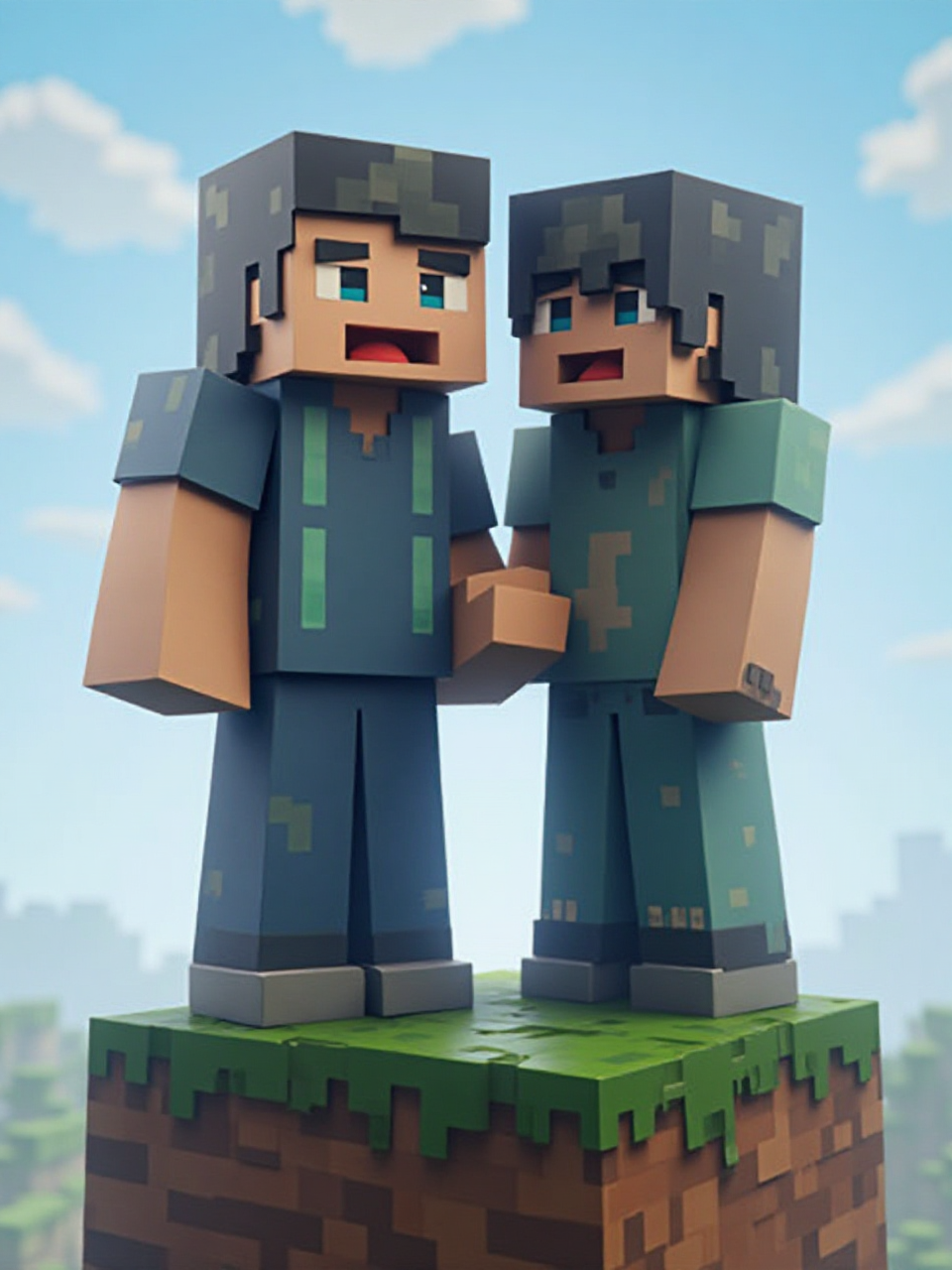 Crea una imagen de dos personajes de Minecraft en un bloque