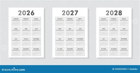 Set of Black and White Calendars 2026, 2027, 2028 Stock Illustration ...