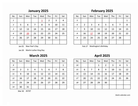 Free Download 2025 Excel Calendar four month in landscape format