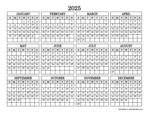 2025 Blank Yearly Calendar Landscape - Free Printable Templates