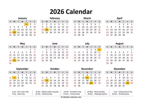 Download Printable 2026 Calendar With Holidays, Monday Start
