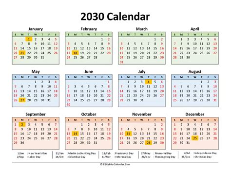 Download 2030 Printable Calendar Free With Us Holidays, weeks start on ...