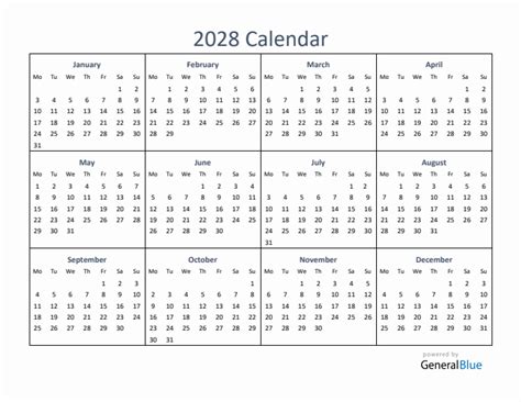 2028 Yearly Calendar Templates with Monday Start