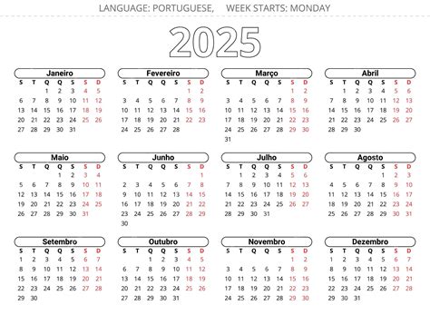 Calendário PORTUGAL para o ano 2025 Ilustração vetorial imprimível ...