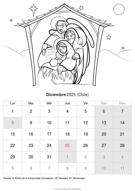 Calendario Diciembre 2025 para imprimir (Chile)