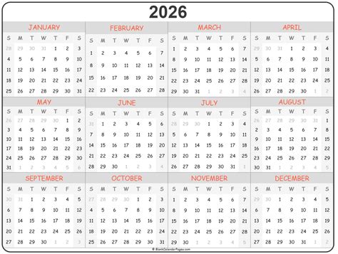 2026 Calendar Printable - Printable Word Searches