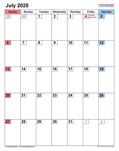 July 2025 Calendar | Templates for PDF, Excel and Word