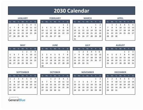 Free 2030 Calendars in PDF, Word, Excel