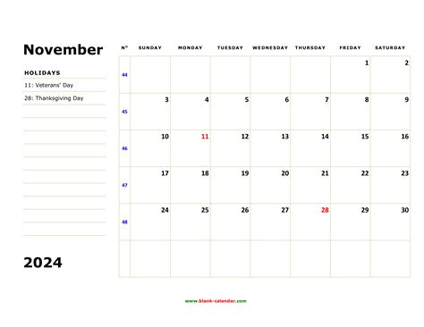Free Download Printable November 2024 Calendar, large box, holidays ...
