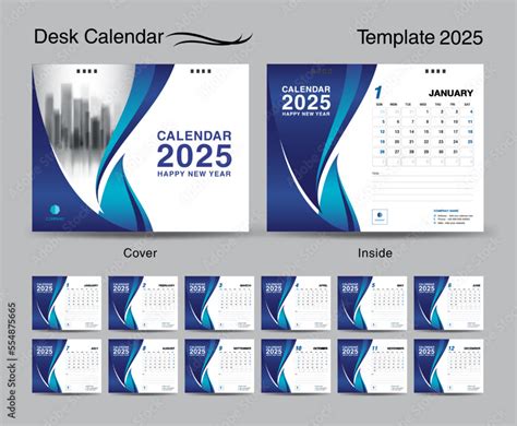 Desk Calendar 2025 template set and Blue wave cover design, Set of 12 ...